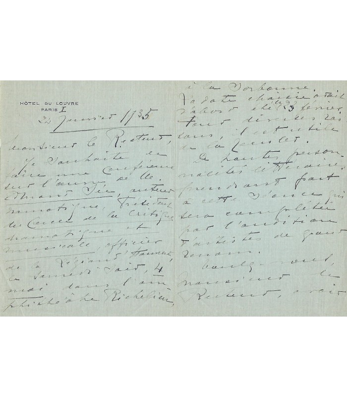 CATULLE-MENDES JANE. Epouse de l'écrivain Catulle-Mendès. Poétesse. Lettre Autographe, 24 janvier 1935 (Réf. G 4585)