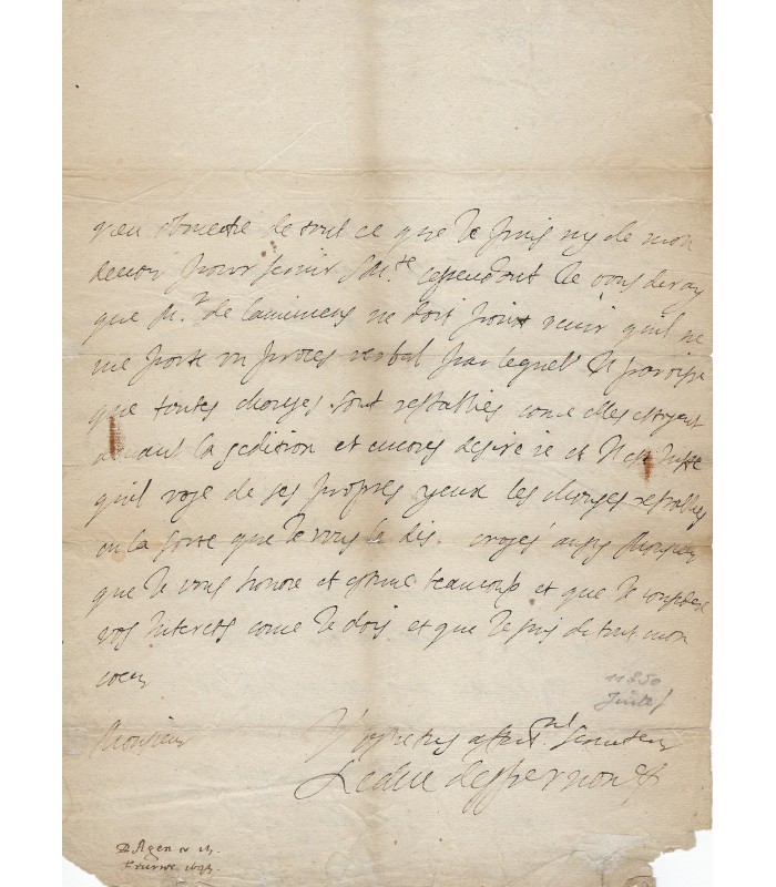 EPERNON duc d'. Bernard de Nogaret. Gouverneur de Metz, Guyenne, Bourgogne. Lettre Autographe, 1643? (Réf. G 4464)