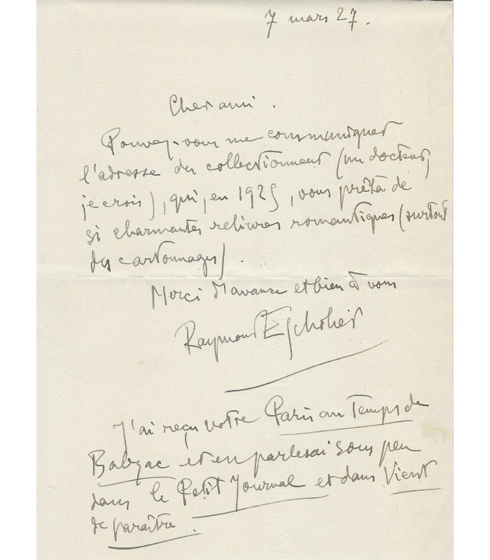 ESCHOLIER RAYMOND. Romancier, critique d'art. CONSERVATEUR DE LA MAISON VICTOR HUGO. Lettre Autographe (G 5878)
