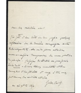 FAVRE Jules. Avocat. Chef de file de l'opposition républicaine sous le Second Empire. Lettre Autographe,1874 (G 940)