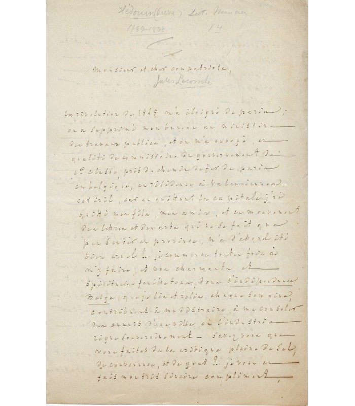 HEDOUIN Pierre. Avocat, homme de lettres et critique musical. 3 lettres autographes à Jules Lecomte (Réf. G 3532)