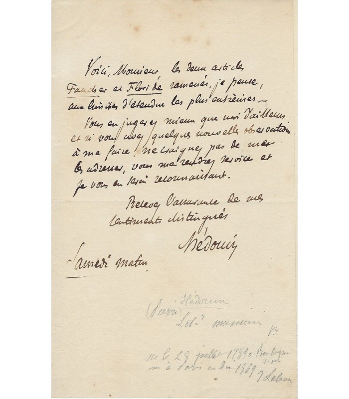 HEDOUIN Pierre. Avocat, homme de lettres et critique musical. 3 lettres autographes à Jules Lecomte (Réf. G 3532)