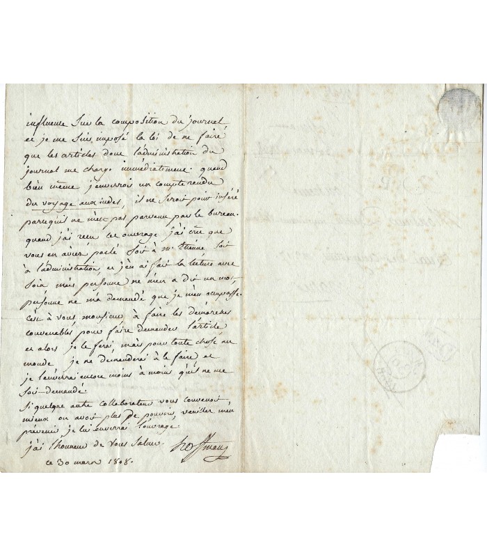 HOFFMANN François Benoît. Poète, librettiste. Lettre autographe au librairie Dentu, 1808 (Réf. G 3602)