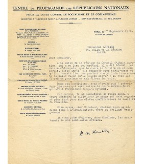 KERILIS Henri Adrien Calloc'h de). Homme politique, directeur du Centre des républicains nationaux. Lettre autographe (G 360)