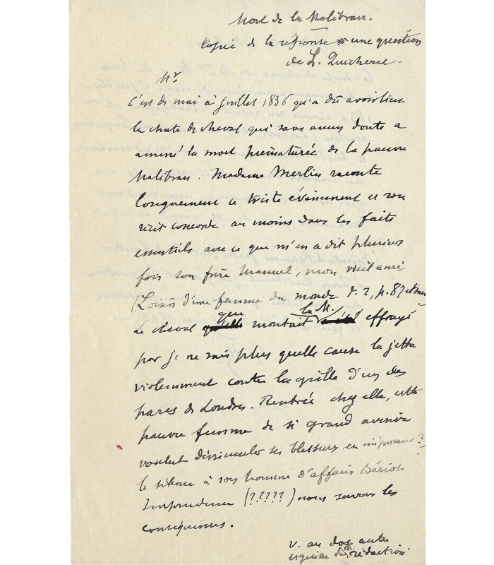 (MALIBRAN LA), célèbre soprano. 2 lettres (HANOTAUX et QUICHERAT) relatives à la Malibran (G 1503)