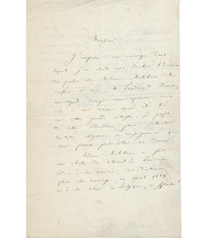 (MALIBRAN LA), célèbre soprano. 2 lettres (HANOTAUX et QUICHERAT) relatives à la Malibran (G 1503)