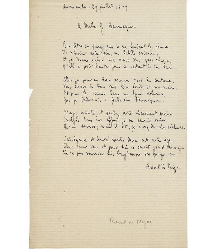 NAJAC Raoul de, auteur dramatique. Maire de Pont L'Abbé. Poème autographe, 1877 (Réf. E 10144)