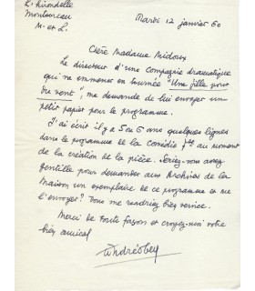 OBEY André. Auteur dramatique. Lettre autographe à Madame Midoux, de la Comédie-Française, 1960 (Réf. G 2100)