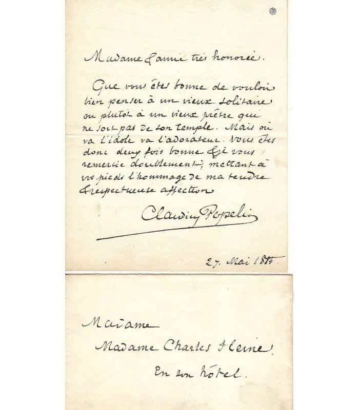 POPELIN-DUCARRE Claudius. Peintre. Lettre autographe à Madame Steine, 27 mai 1885 (Réf. G 5194)