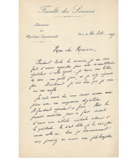 PORTIER Paul. Zoologiste et biologiste marin. Lettre Autographe au musicologue Maurice Emmanuel, 24 oct. 1907 (Réf. G 2608)