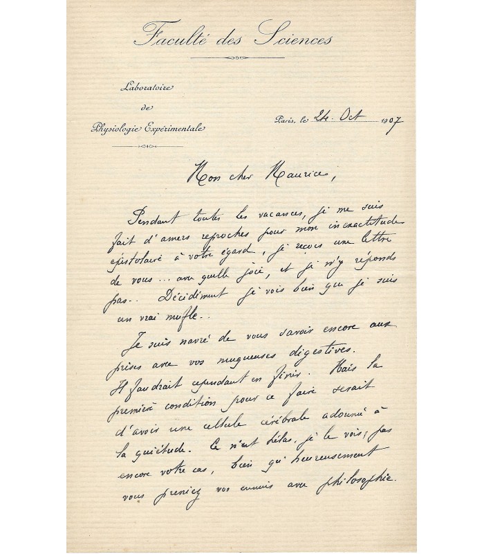 PORTIER Paul. Zoologiste et biologiste marin. Lettre Autographe au musicologue Maurice Emmanuel, 24 oct. 1907 (Réf. G 2608)