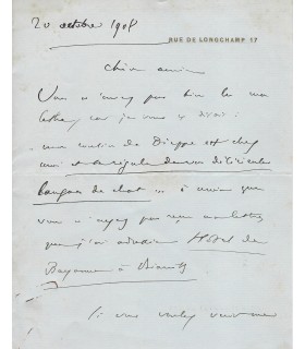 SAINT-SAENS Camille. Compositeur, pianiste, organiste. Lettre Autographe à Caroline de Serres, 20 octobre 1908 (Réf. G 5764)