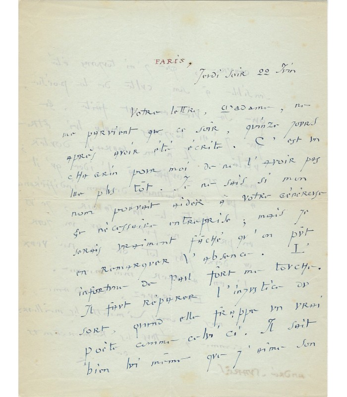 SUARES André. Poète et essayiste. Animateur de la NRF. Lettre autographe à Madame Paul FORT (vers 1944) (Réf. G 4527)