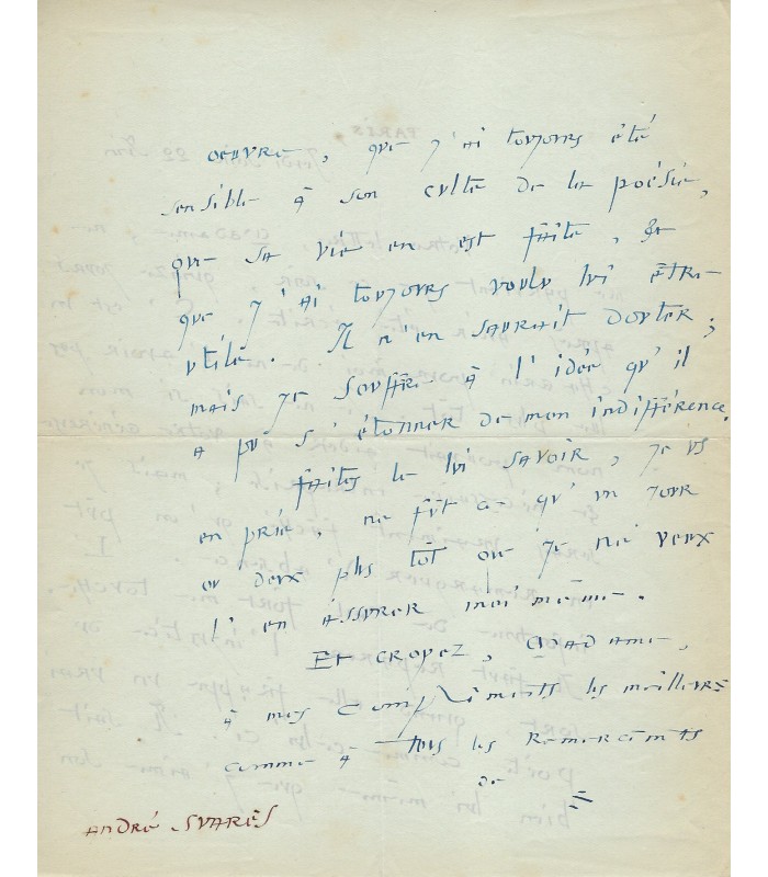 SUARES André. Poète et essayiste. Animateur de la NRF. Lettre autographe à Madame Paul FORT (vers 1944) (Réf. G 4527)