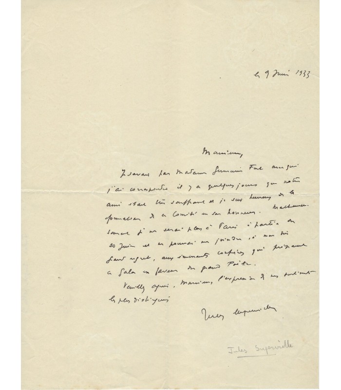 SUPERVIELLE Jules. Poète, élu "Prince des poètes" en 1912. Lettre Autographe (G 4529)