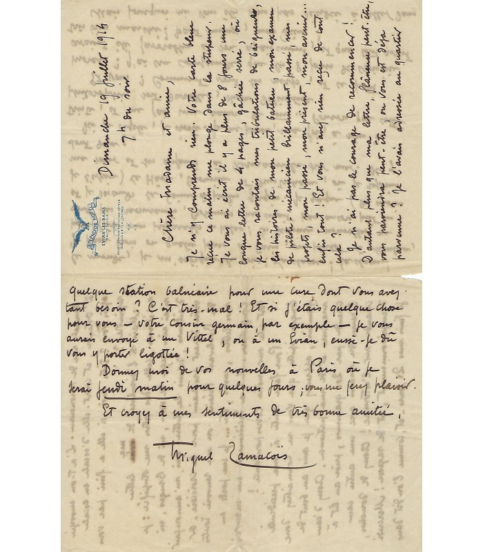 ZAMACOIS Miguel. Poète et auteur dramatique. Lettre autographe à une amie, 19 juillet 1914 (Réf. 4533)
