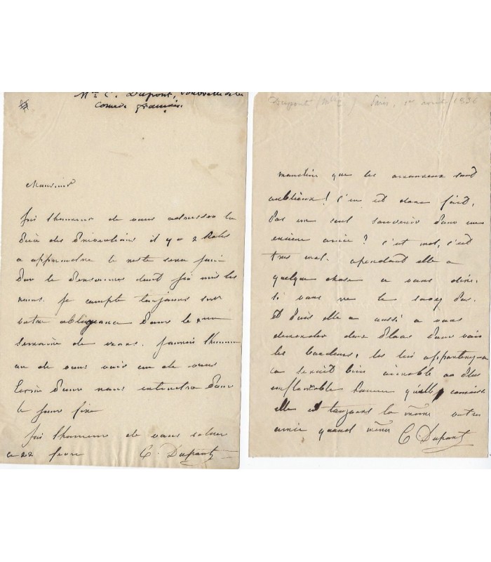 COMEDIE-FRANÇAISE. Ensemble de 8 lettres de pensionnaires ou sociétaires