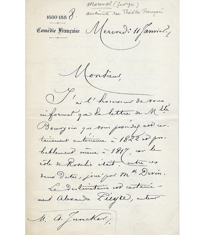 COMEDIE-FRANÇAISE. Ensemble de 8 lettres de pensionnaires ou sociétaires
