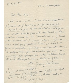 COCTEAU Jean. poète, dramaturge, cinéaste, peintre. Lettre Autographe, 19 avril 1945 (Réf. G 5621)