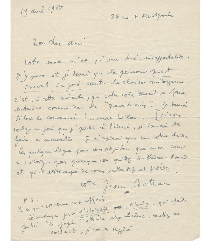COCTEAU Jean. poète, dramaturge, cinéaste, peintre. Lettre Autographe, 19 avril 1945 (Réf. G 5621)