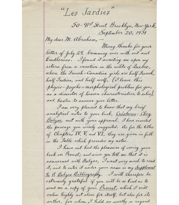 BALZAC - ROYCE William Hobart. Ecrivain américain, passionné de Balzac. Lettre autographe, 20 septembre 1931 (Réf. G 1369)