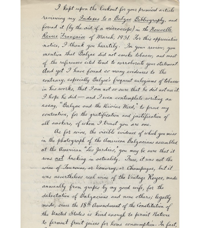 BALZAC - ROYCE William Hobart. Ecrivain américain, passionné de Balzac. Lettre autographe, 20 septembre 1931 (Réf. G 1369)