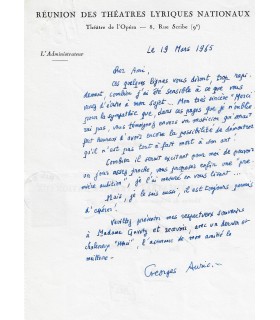 AURIC Georges. Compositeur. Ami de Stravinsky et Satie. Membre du Groupe des Six. Lettre (1965) à Bernard GAVOTY (Réf. G 3636)