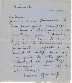 BERNHARDT Maurice. Dramaturge, fils de Sarah Bernhardt. Lettre autographe (E 10639)