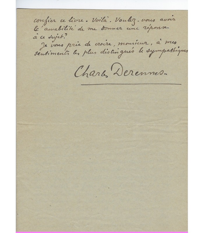 DERENNES Charles, poète et romancier, auteur de L'Amour Fessé. Lettre autographe (E 10620)