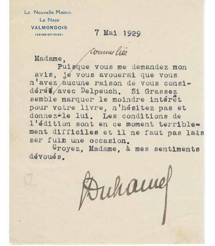 DUHAMEL Georges, écrivain. Lettre autographe (E 10489)