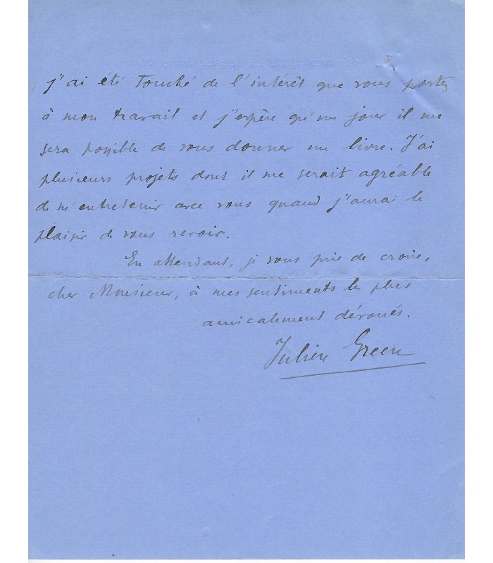 GREEN Julien, écrivain américain de langue française. Lettre autographe (G 10623)