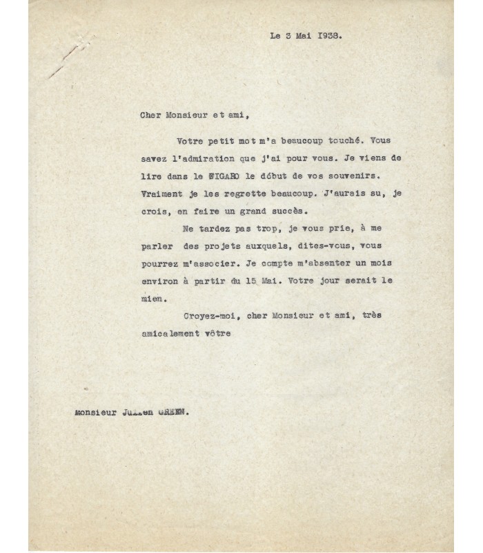 GREEN Julien, écrivain américain de langue française. Lettre autographe (G 10623)