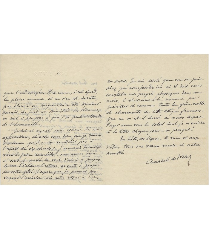 LE BRAZ Anatole, écrivain et folkloriste de langue bretonne. Lettre autographe (G 4935)