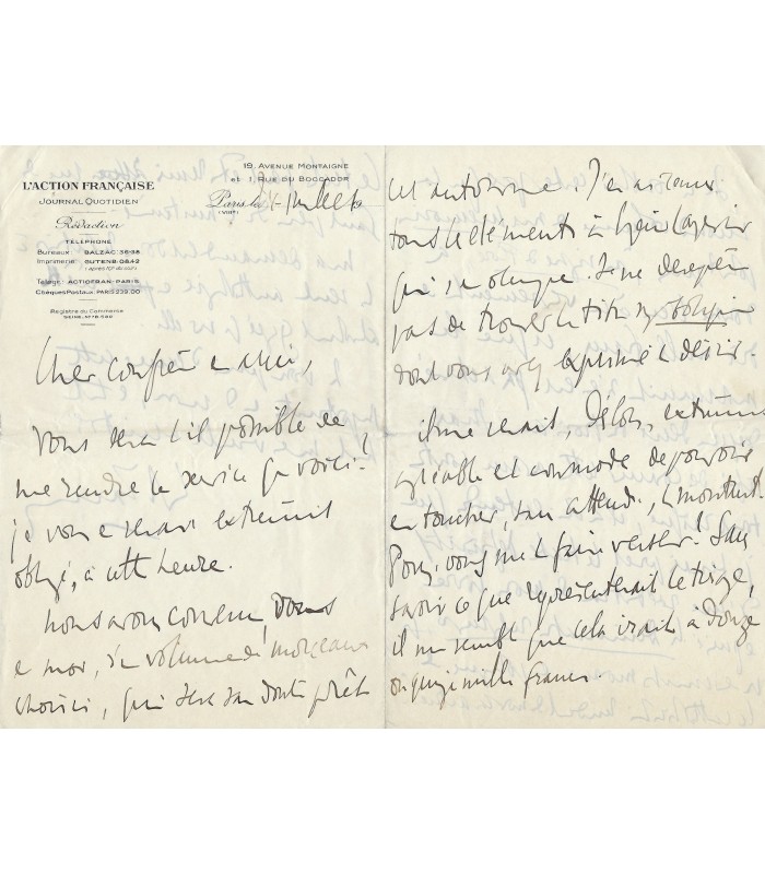 MAURRAS Charles, écrivain et homme politique. Lettre autographe (G 5741)