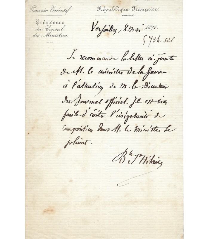 BARTHELEMY-SAINT-HILAIRE (Jules). Journaliste, homme d'Etat. Lettre autographe (G 5068)