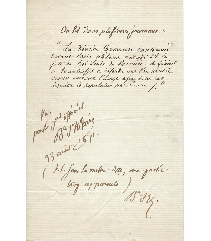BARTHELEMY-SAINT-HILAIRE (Jules). Journaliste, homme d'Etat. Lettre autographe (G 5068)