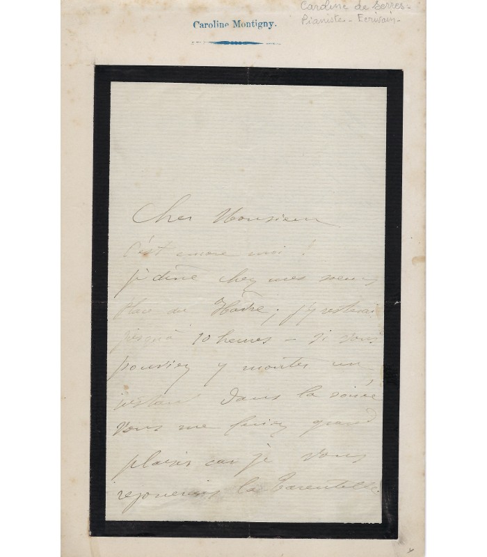 MONTIGNY-REMAURY (Caroline), pianiste virtuose, élève de Liszt. Lettre autographe (G 2069)