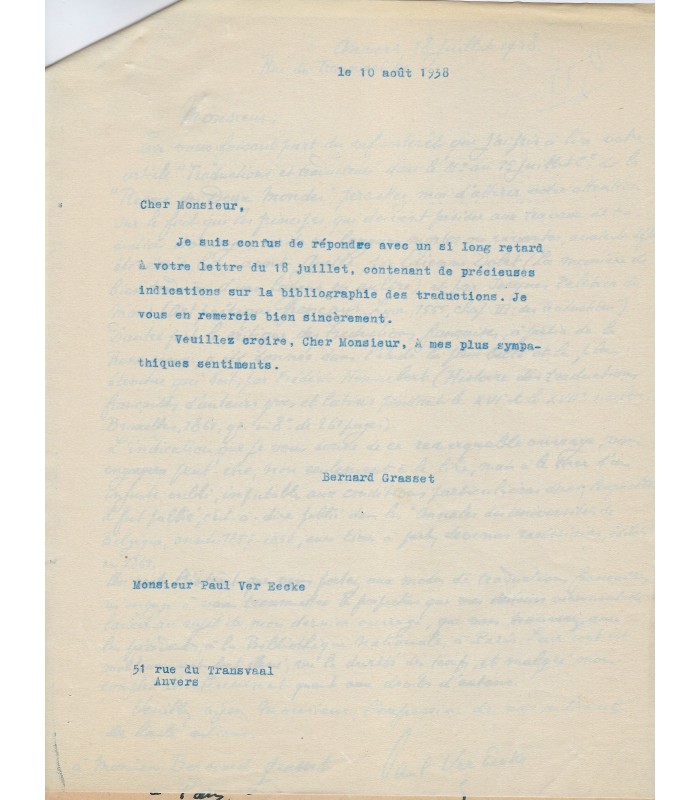 EECKE Paul Louis Ver, ingénieur, historien des mathématique et traducteur. Lettre autographe (E 10649)