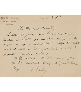 PASTEUR Louis, chimiste, découvreur du vaccin contre la rage. Carte autographe à Edmond Nocard (G 6084)