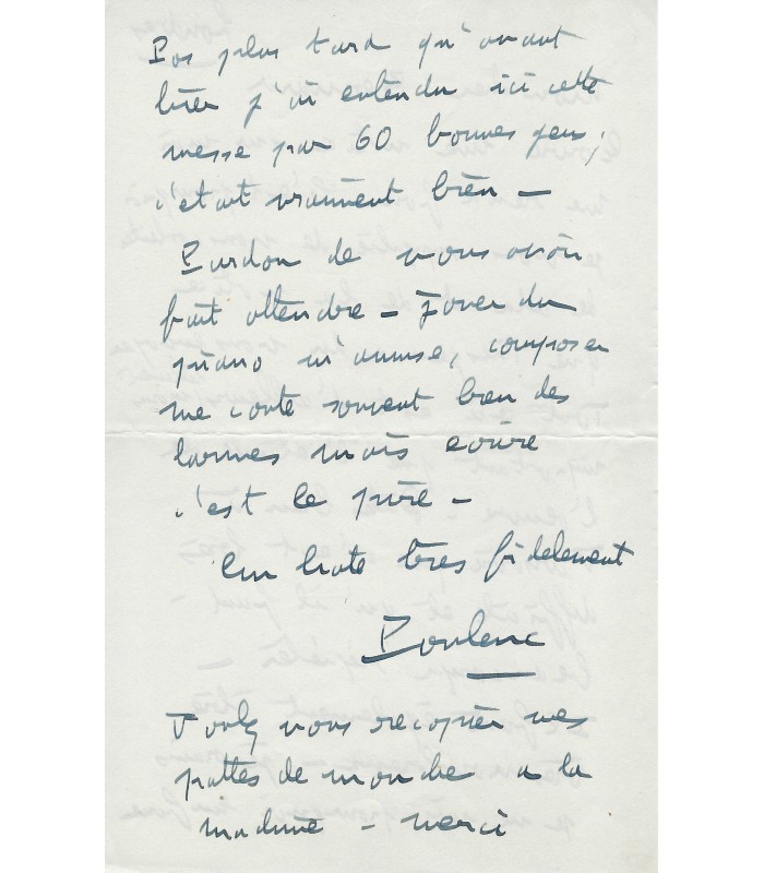 POULENC Francis, compositeur et pianiste. Lettre autographe (G 5984)