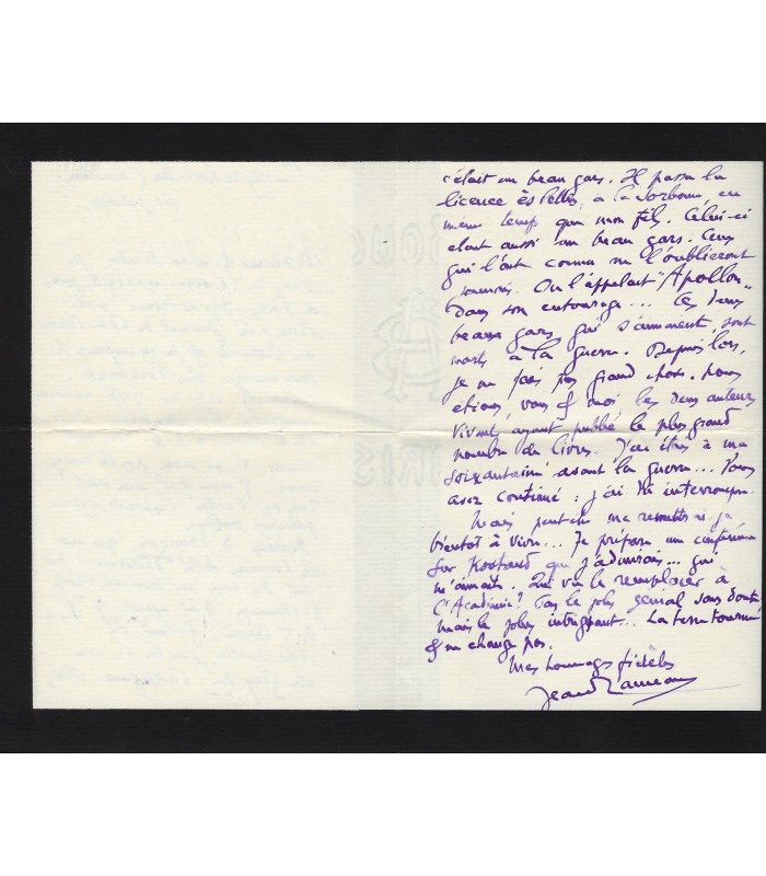 RAMEAU Jean, romancier et poète. Lettre autographe (E 10652)