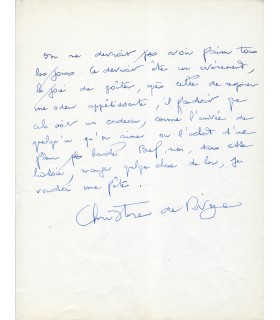 RIVOYRE Christine de, journaliste, scénariste et romancière. Billet autographe (E 10642)