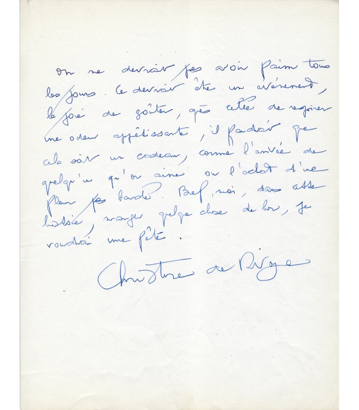 RIVOYRE Christine de, journaliste, scénariste et romancière. Billet autographe (E 10642)