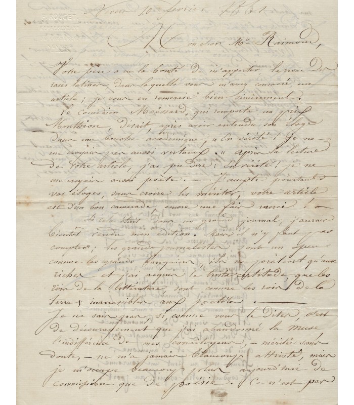 ROUGET François, poète-ouvrier. Lettre autographe (E 10643)