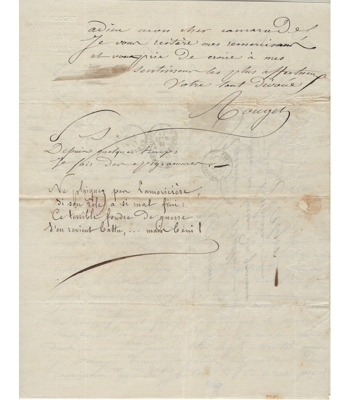 ROUGET François, poète-ouvrier. Lettre autographe (E 10643)