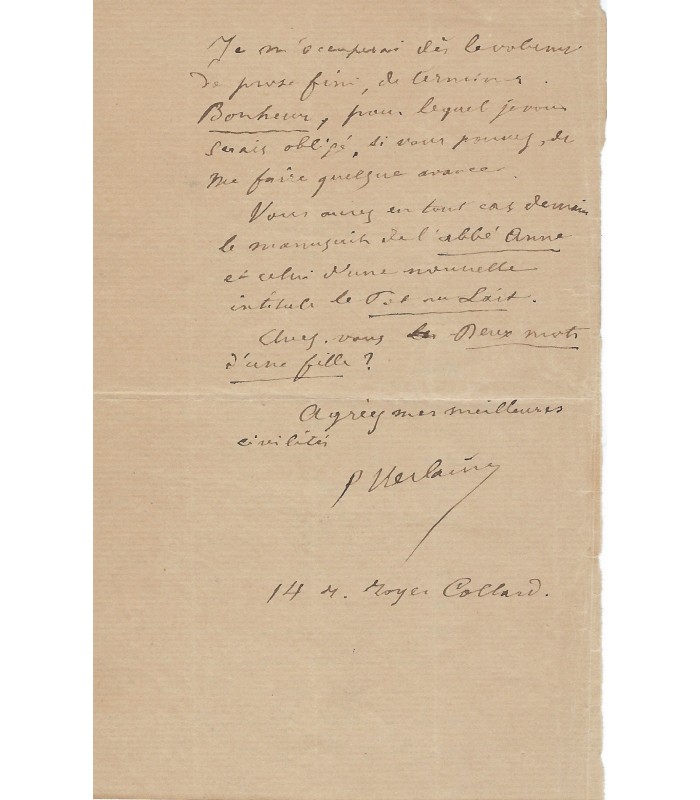 VERLAINE Paul, poète et écrivain. Lettre autographe (G 3943)