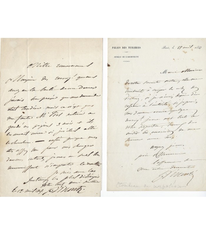 VISCONTI Louis, architecte. 2 Lettres autographes (E 10645)