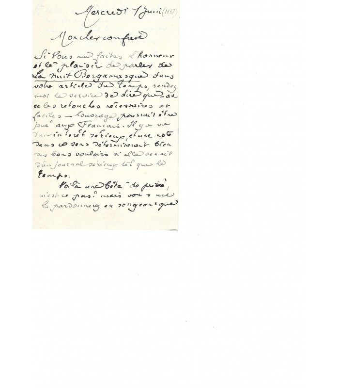 BERGERAT (Emile, dit Caliban). Poète et dramaturge. Lettre autographe (1887) (Réf. G 622)
