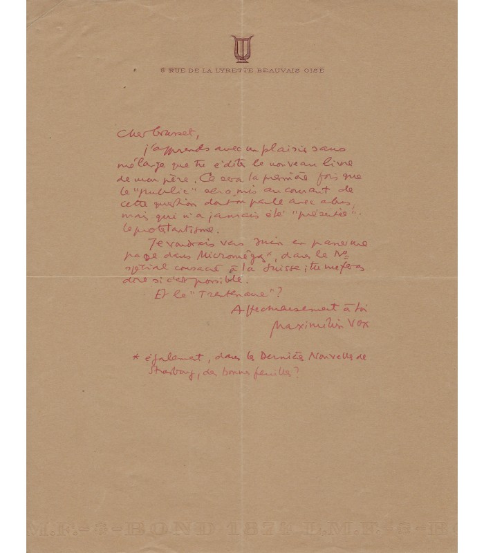 VOX Maximilien, graveur, illustrateur et historien de la lettre et de la typographie. Lettre autographe (E 10646)