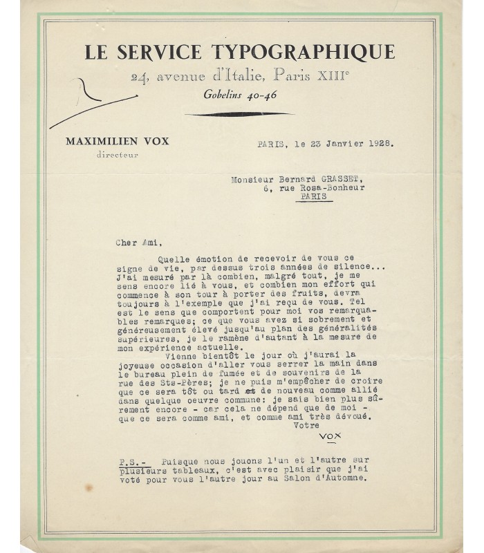 VOX Maximilien, graveur, illustrateur et historien de la lettre et de la typographie. Lettre autographe (E 10646)